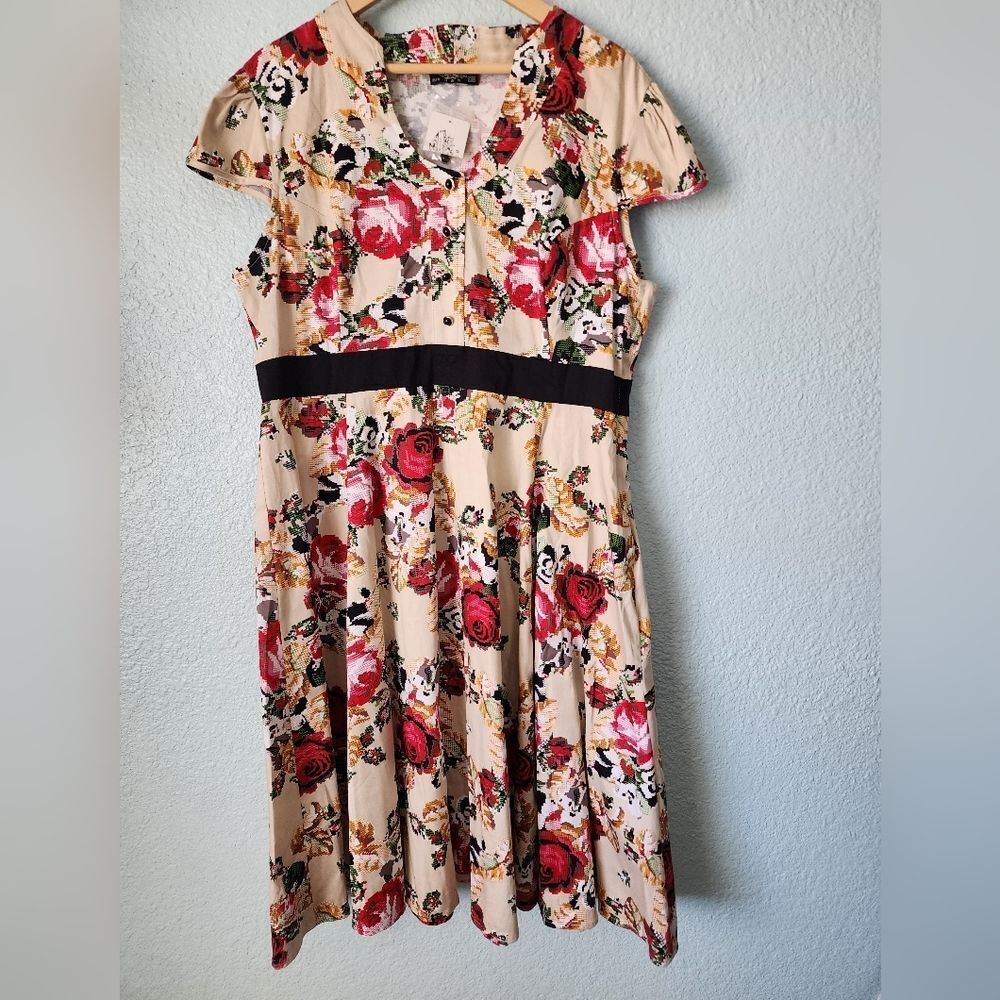 Heart And Roses Vixen Swing Fifthies Chic Floral Midi Dress with Cap Sleeves